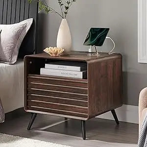 24 Inch Nightstand with Charger Station Mid Century Modern End Table