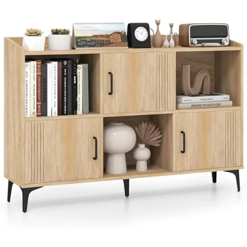 "Storage Cabinet, Sideboard with 3 Doors & 3 Open Compartments – Bookcase with 5 Metal Legs, Multi-Functional Buffet Table Desi