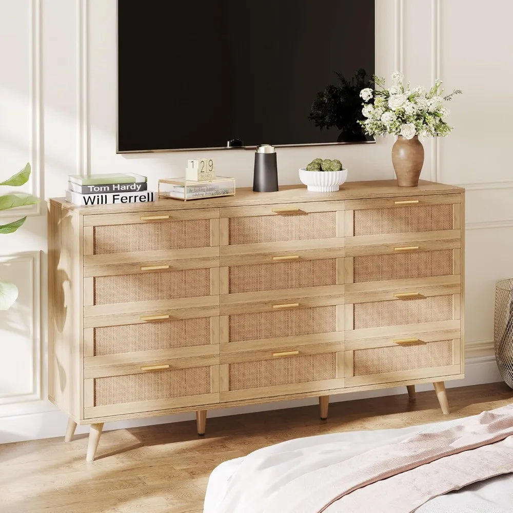 12 Drawer Double Dresser for Bedroom, Rattan Chest of Dressers, Modern Wooden Dresser Chest with Golden Handles, Beside Table f