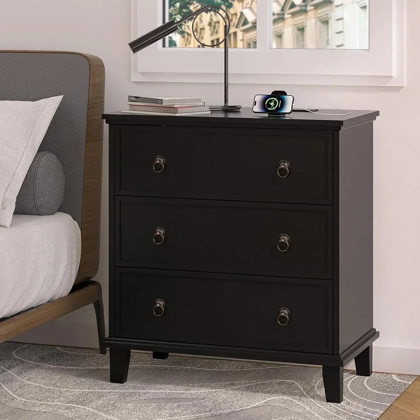 27.6 Inch Nightstand Set of 2 with Charging Station and 3 Drawers