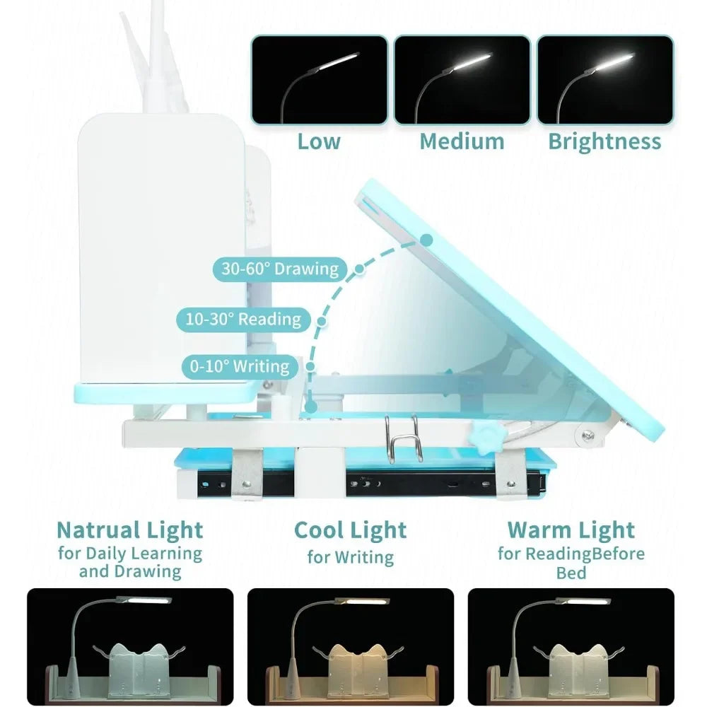 Kids Desk Chair Set Height Adjustable LED Lamp Tilting Tabletop