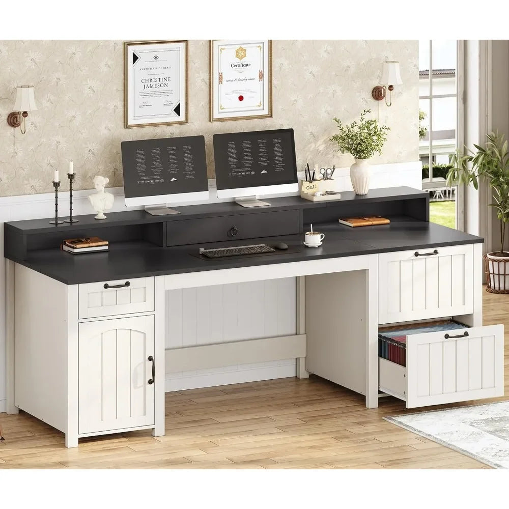 Farmhouse Executive Desk with File Drawer and Monitor Stand for Home Office