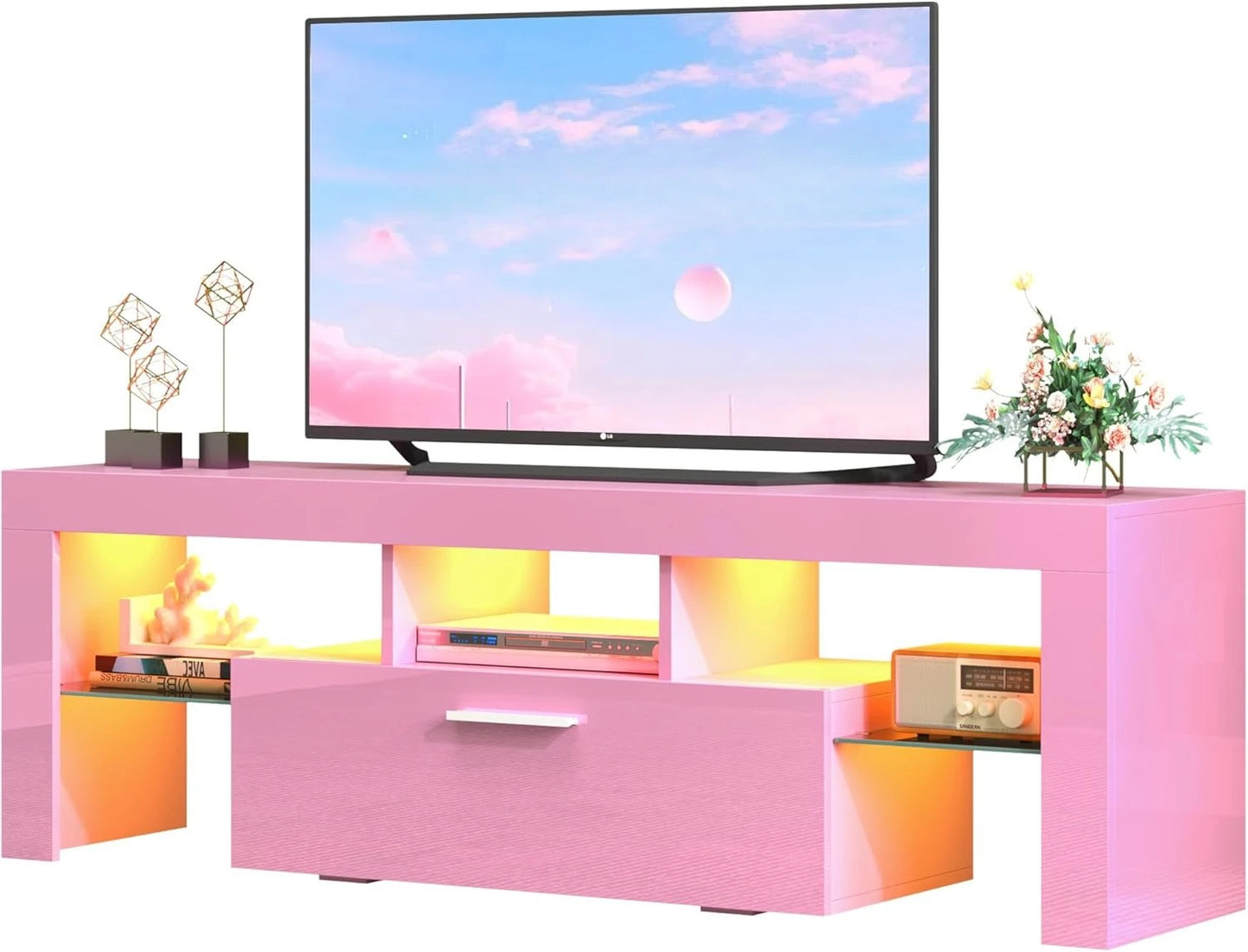 Modern White LED TV Stand with Large Storage Drawer for Living Room