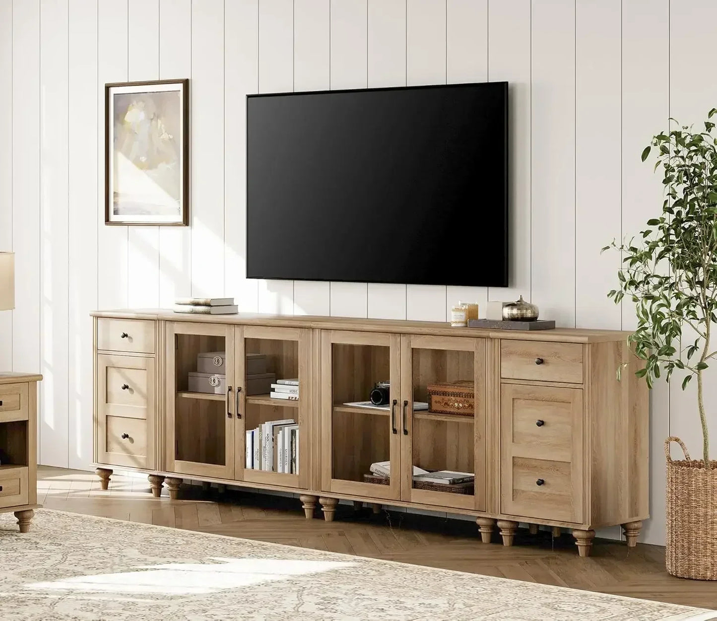 Sideboard Buffet Cabinet with 4 Glass Doors and Charging Station Oak