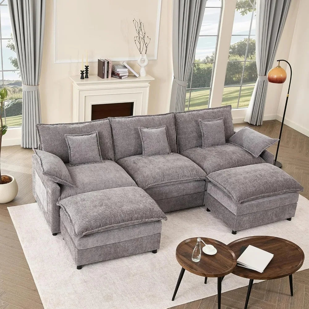 108" U-Shaped Modular Sectional Sofa Deep Seat Chenille Cloud Couch w/ Ottoman