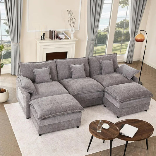 108" U-Shaped Modular Sectional Sofa Deep Seat Chenille Cloud Couch w/ Ottoman