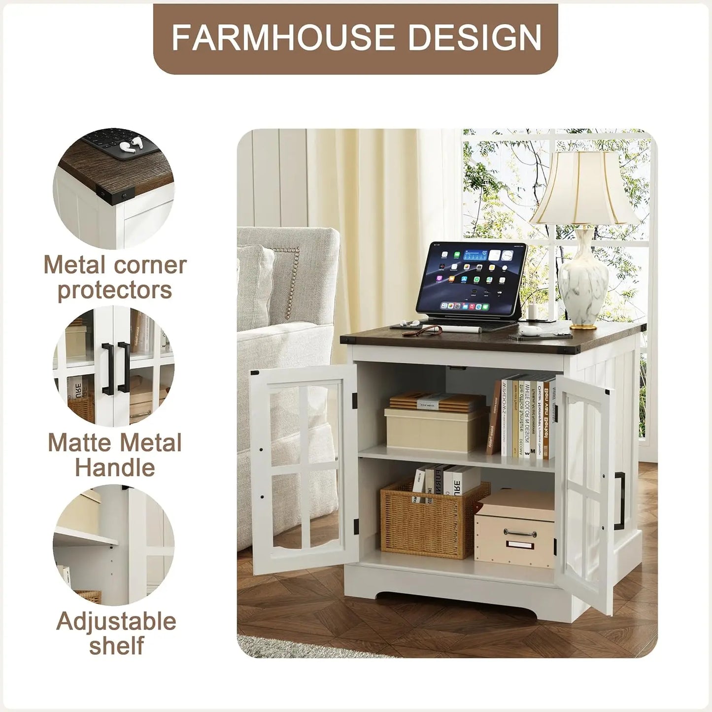 Farmhouse End Table Set of 2 with Charging Station LED Light
