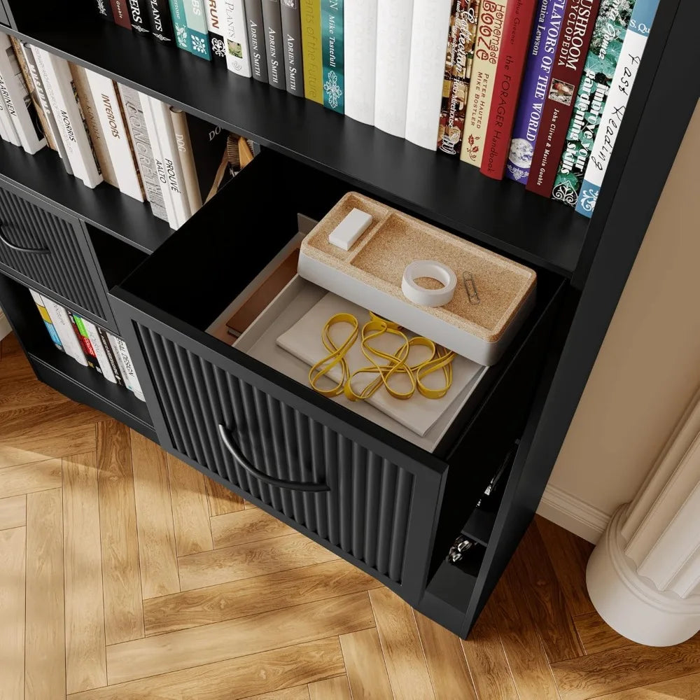 70 Inch Tall Bookshelf Modern 5 Tier Bookcase with Drawers and Bins