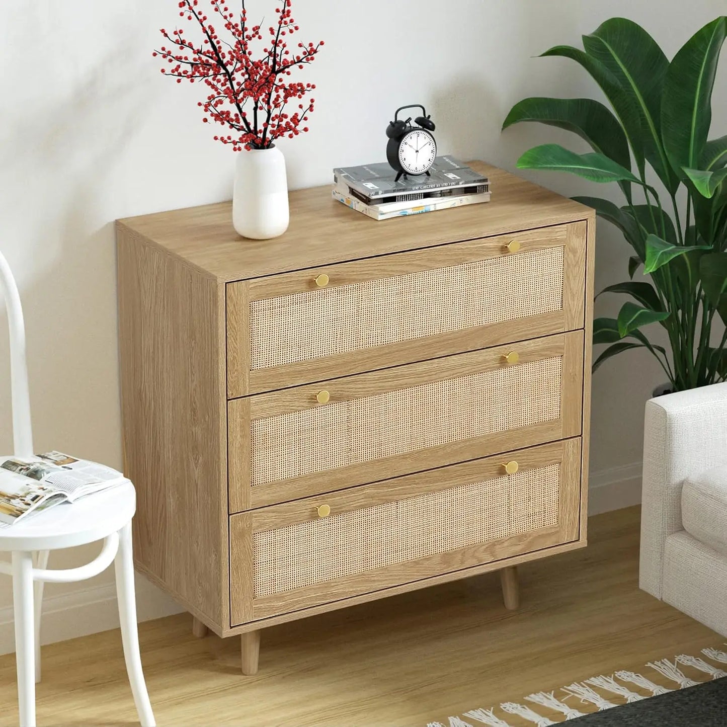 3 Drawer Dresser Rattan Chest of Drawers Modern Storage for Bedroom