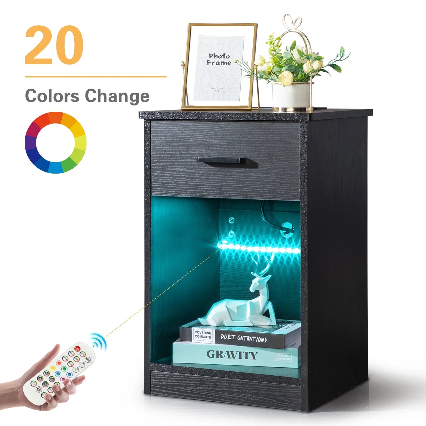 Modern LED Bedside Table with Drawer and USB Charging Station