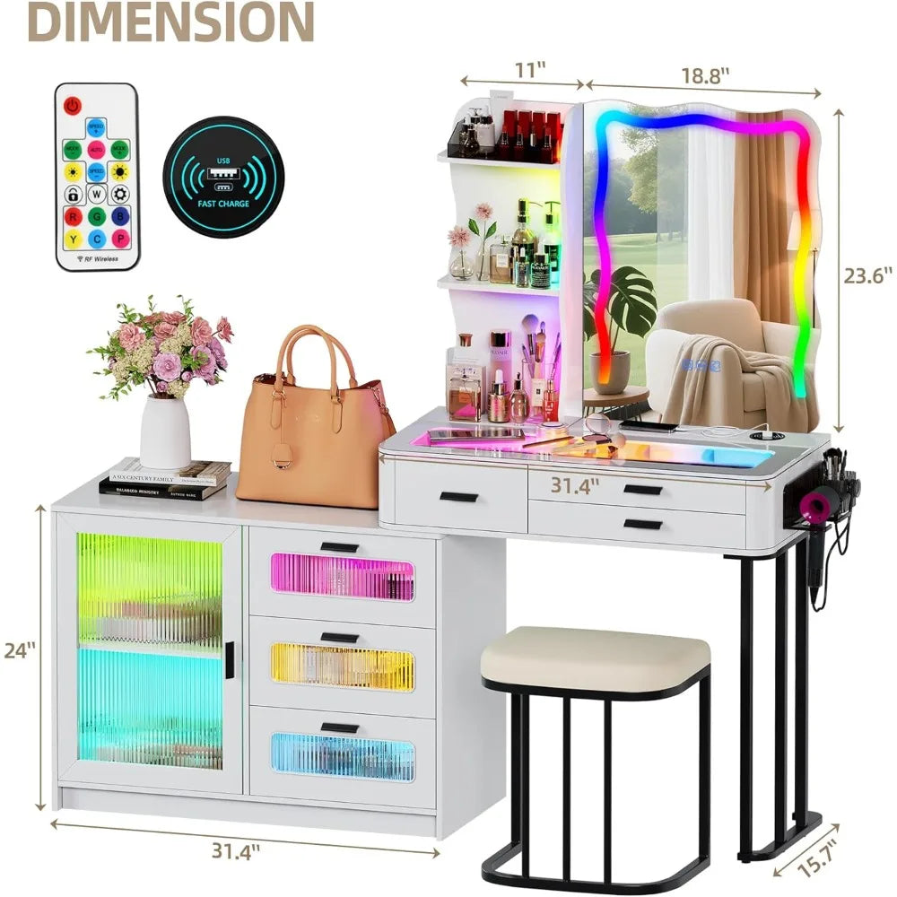 Large Makeup Vanity Desk with Mirror RGB Lights Charging Station