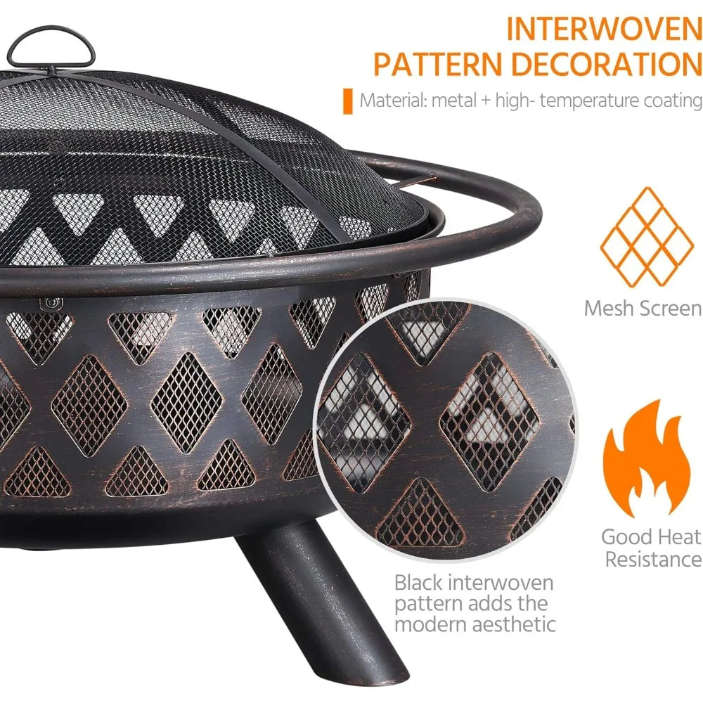 Outdoor Wood Burning Fire Pit 36in Large Round Patio BBQ Bonfire