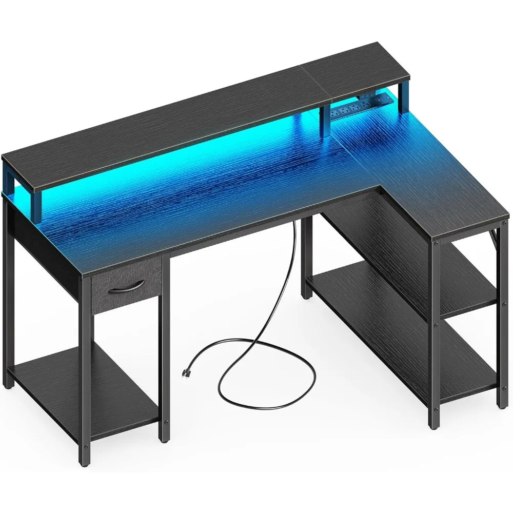 L Shaped Desk with LED Lights Power Outlets Monitor Stand Gaming Desk