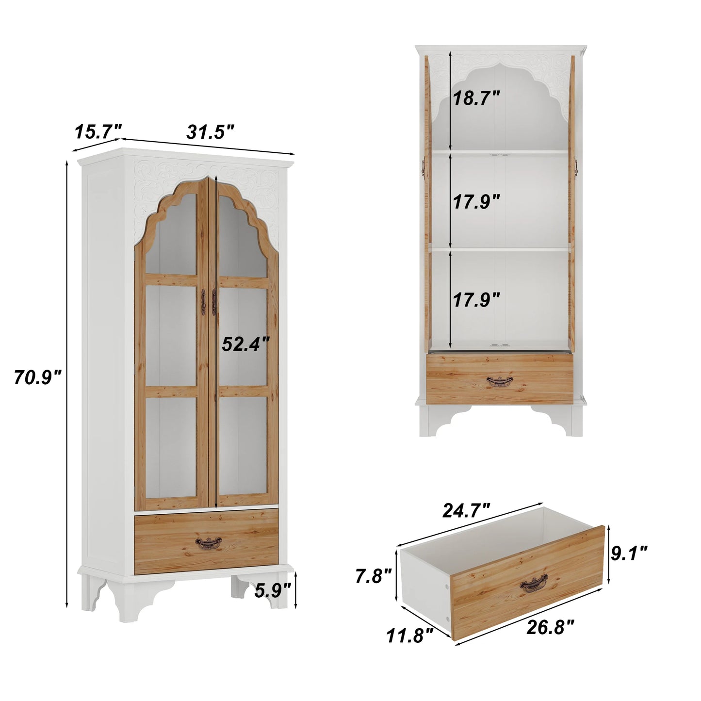 Ljustra Glass Display Cabinet 3 Shelves Drawer Modern Bookcase Storage