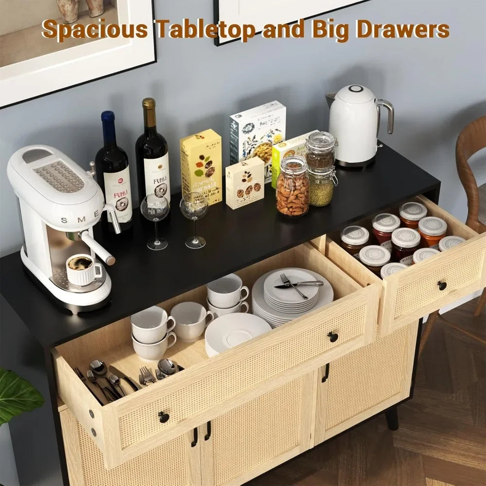 "Sideboard Buffet Storage Cabinet, Rattan Design with 2 Drawers & 3 Doors – Versatile Buffet Table for Kitchen, Dining & Living