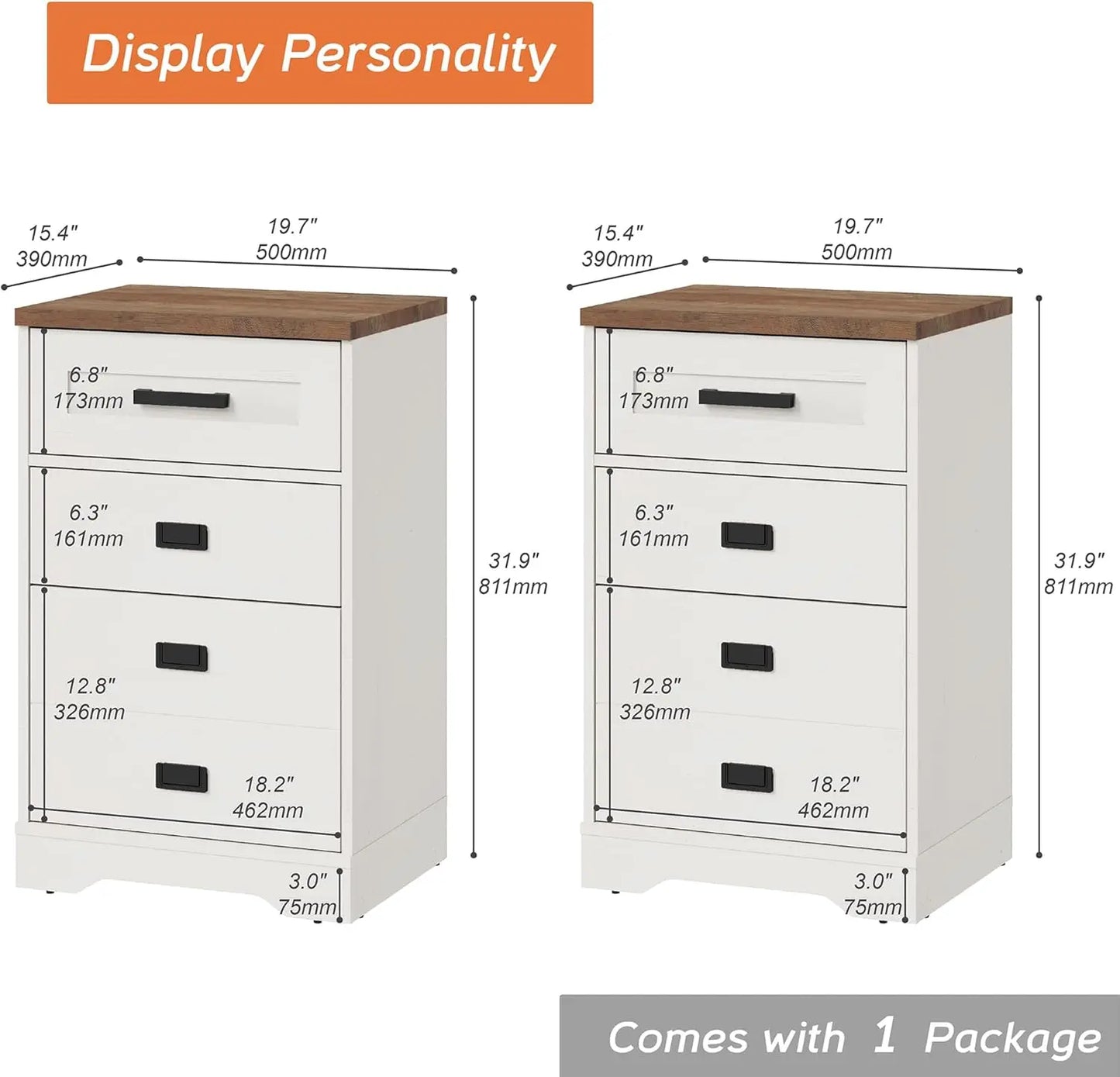 Tall Night Stand Set of 2 Bedside Tables 3 Drawers for Bedroom Living Room