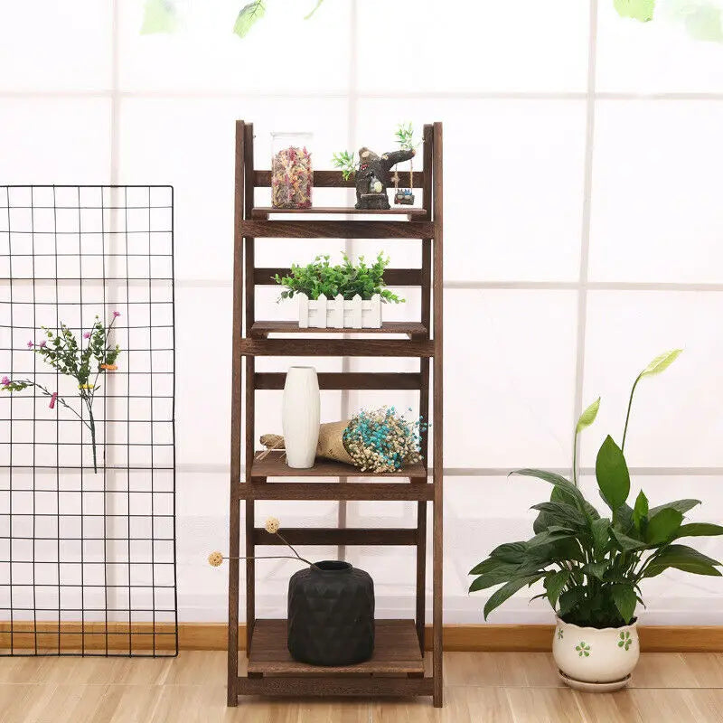Rustic Wood Plant Stand 43" Foldable 4-Shelf Indoor Outdoor Rack