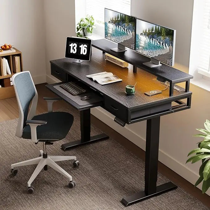 Electric Standing Desk with Drawers Keyboard Tray Power Outlets LED Lights