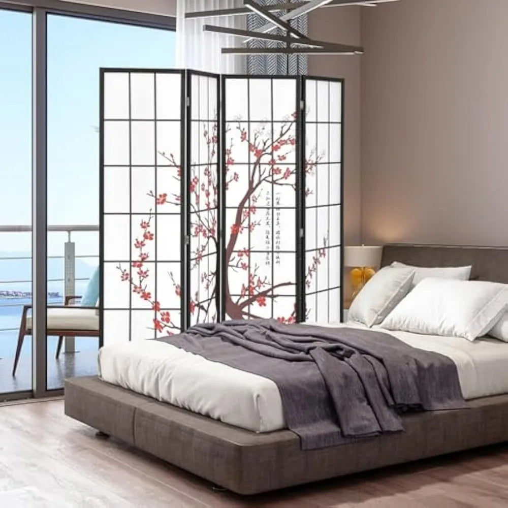 Japanese Style 4 Panel Room Divider Folding Shoji Screen Plum Blossom