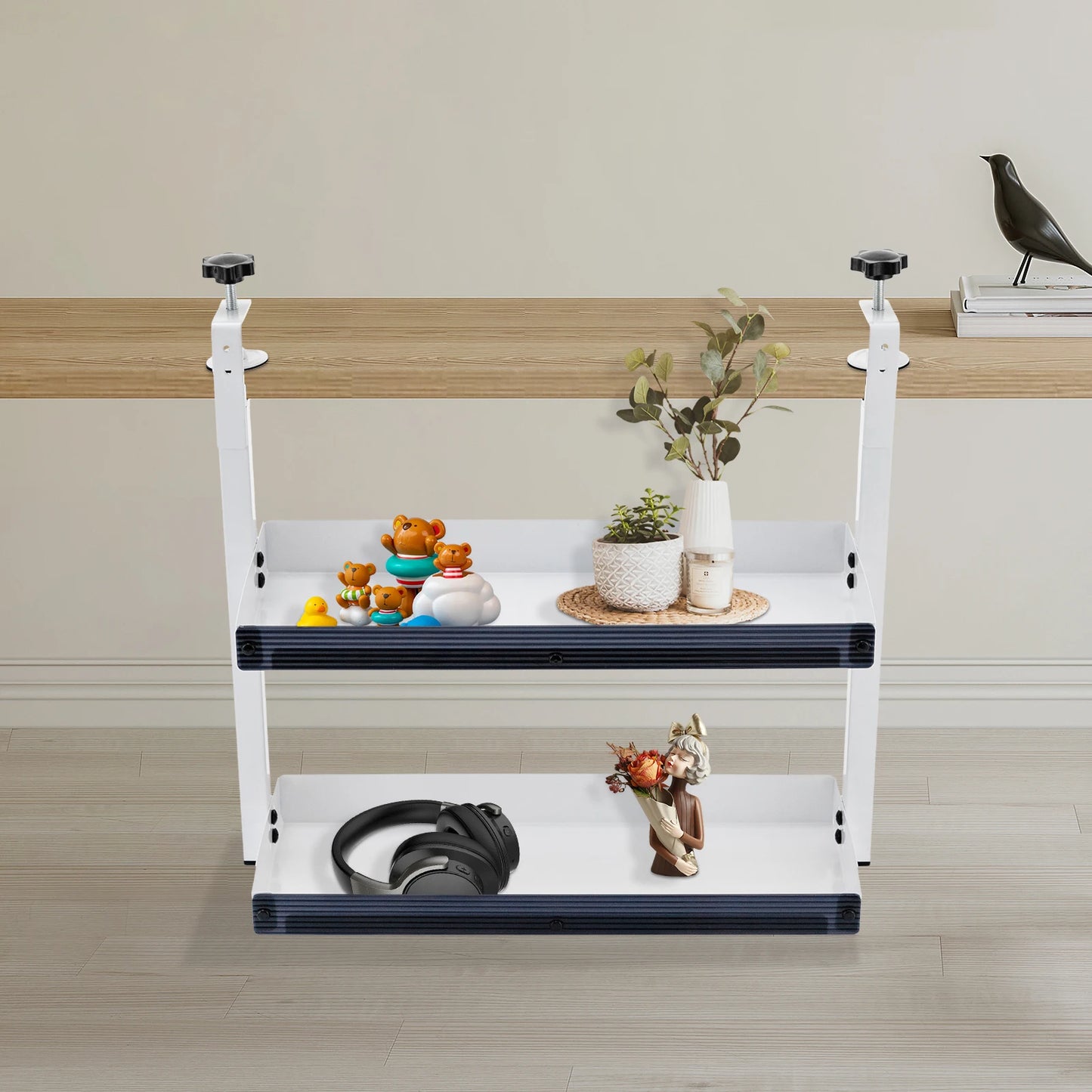 Clamp-on Desk Shelf 2-Tier Metal Organizer Above Under Table Storage