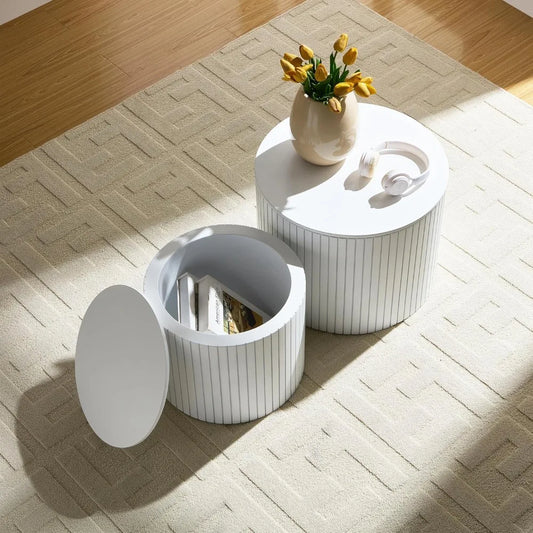 Round Nesting Storage Side Table Set of 2 Modern Wood Accent Tables
