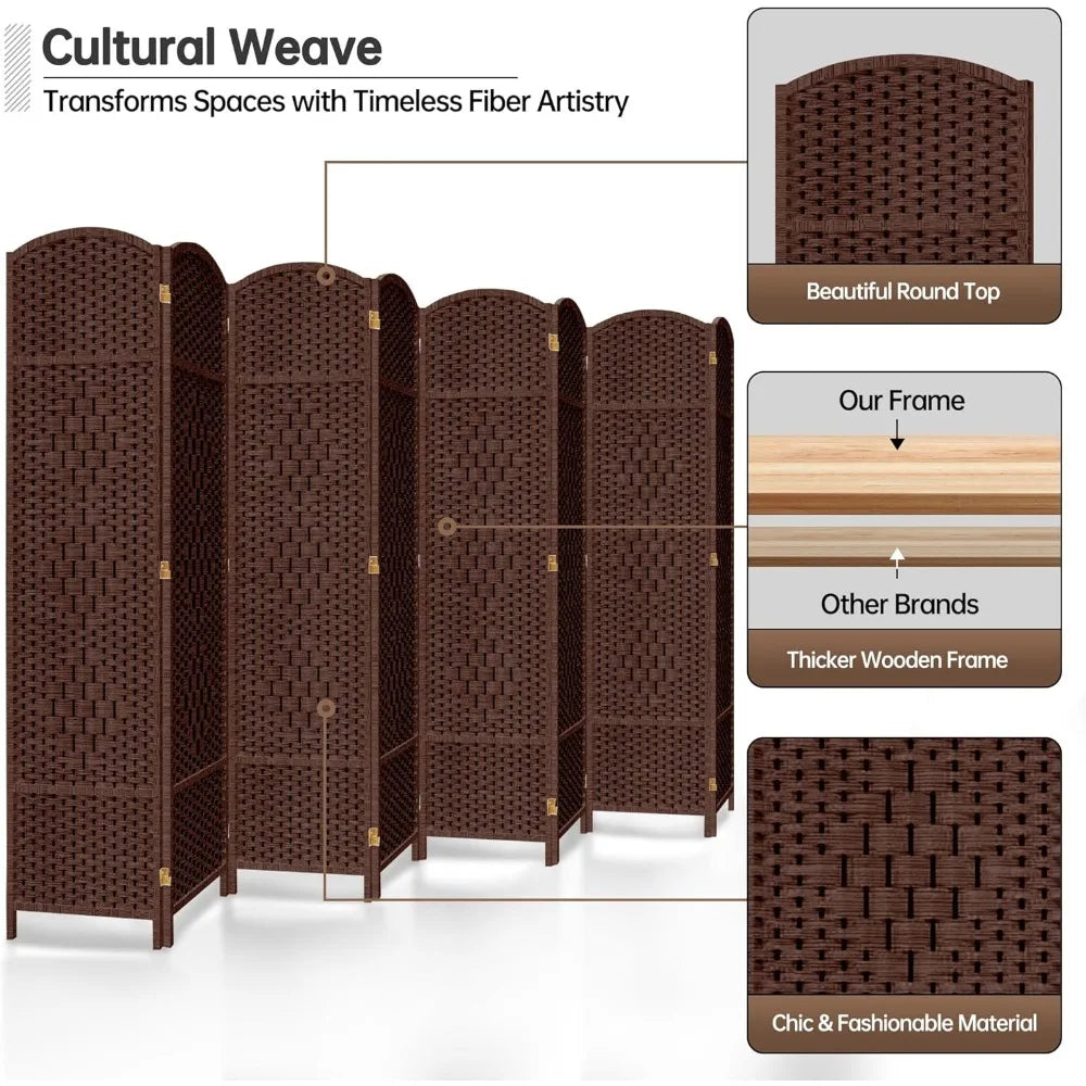 8 Panel Room Divider 6ft Tall Folding Privacy Screen 360° Rotation Wood