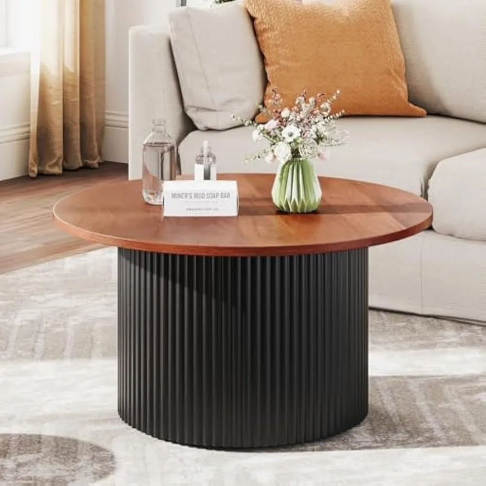 Round Coffee Table Mid Century Modern Wooden Accent Cocktail Table 32"
