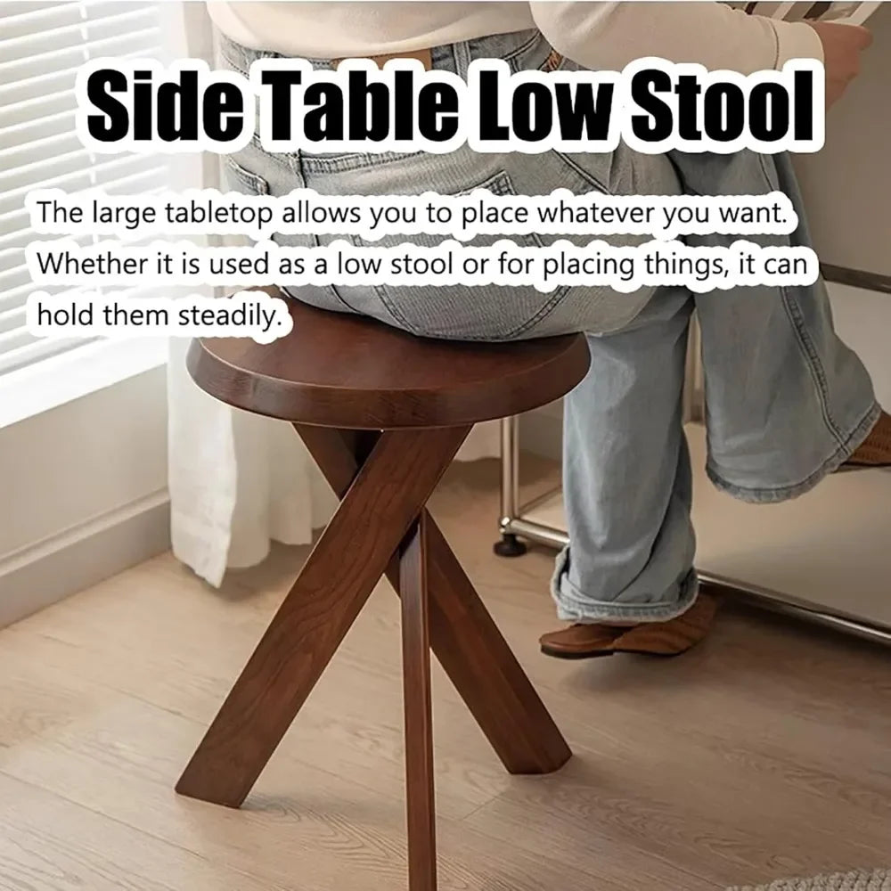 Round Coffee Table Solid Wood Rustic End Table with Crossed Legs