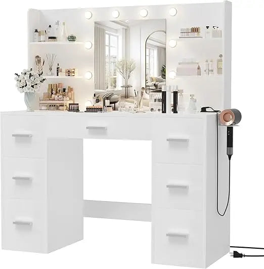 Vanity Desk with Mirror LED Lights Power Outlet 7 Drawers Storage