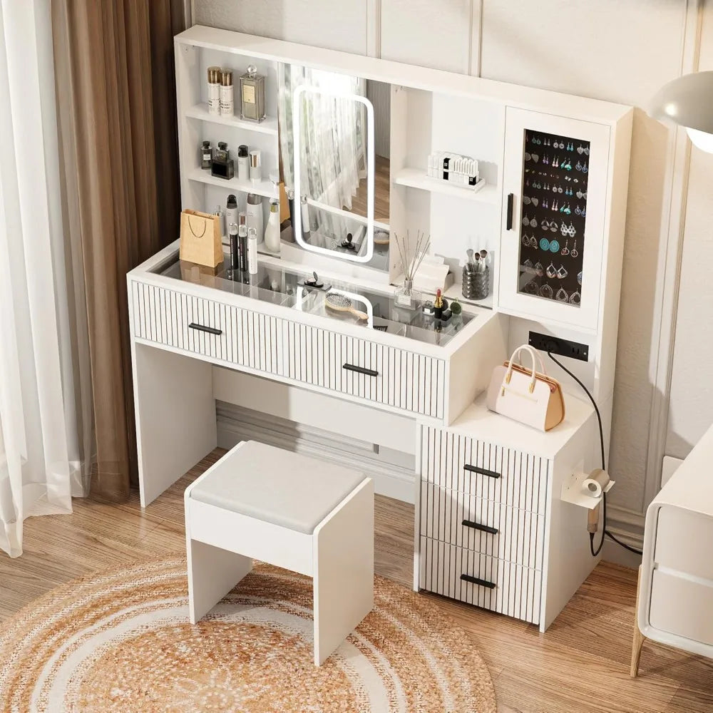 Large White Vanity Desk with Mirror Lights Makeup Table 5 Drawers Charging