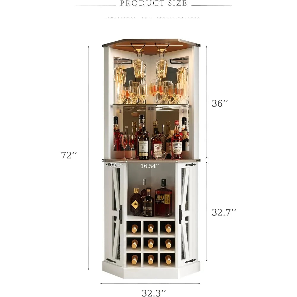 Corner Bar Cabinet 72 Inch Wine Storage LED Lights Glass Rack Coffee Station