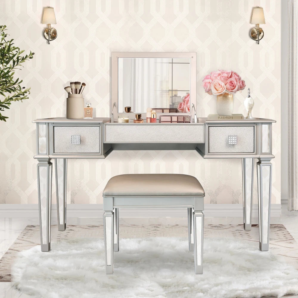 Luxury Mirrored Vanity Desk Set with Stool and Drawer Storage for Bedroom