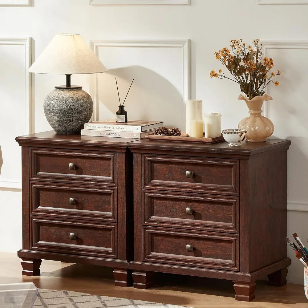 Rustic Farmhouse Nightstand Set of 2 with 3 Drawers and Solid Wood Legs