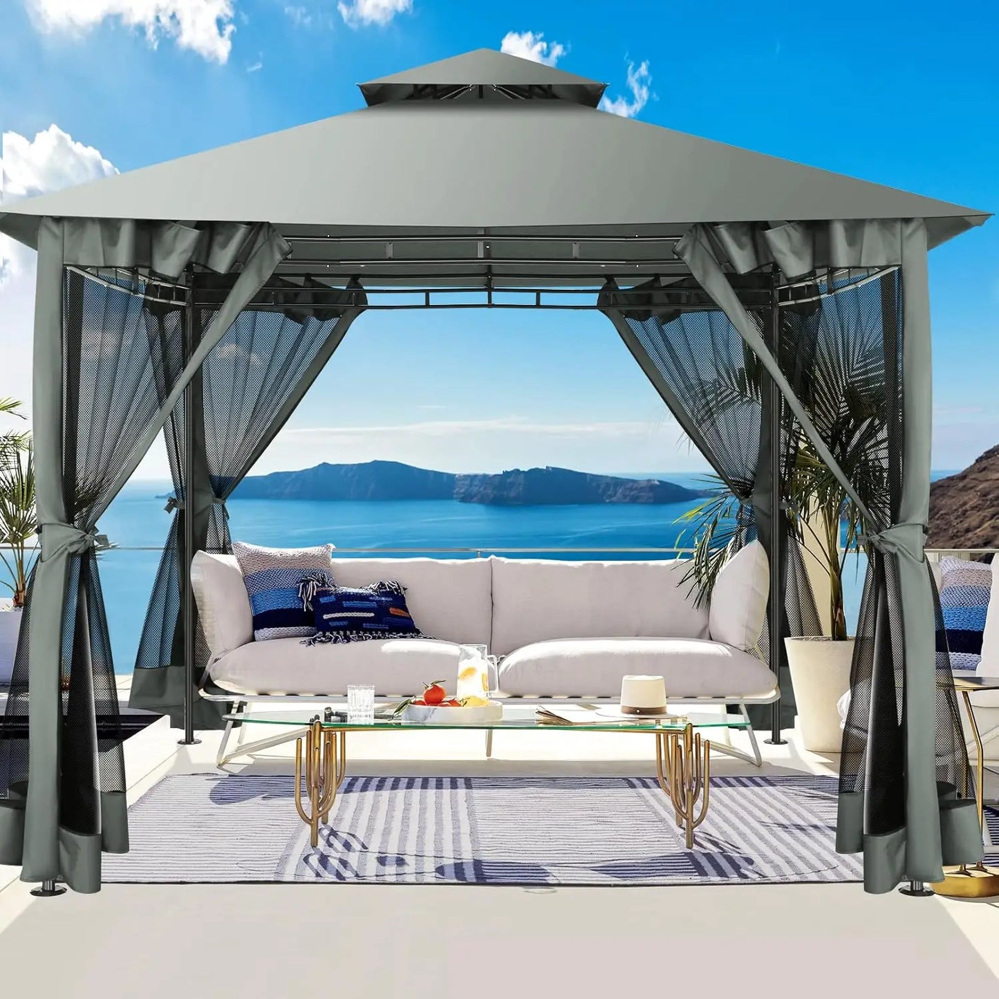 12x20 Outdoor Gazebo with Privacy Curtains Mosquito Netting Metal Frame