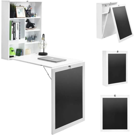 Folding Wall Mounted Desk with Storage Shelves and Hooks for Small Spaces