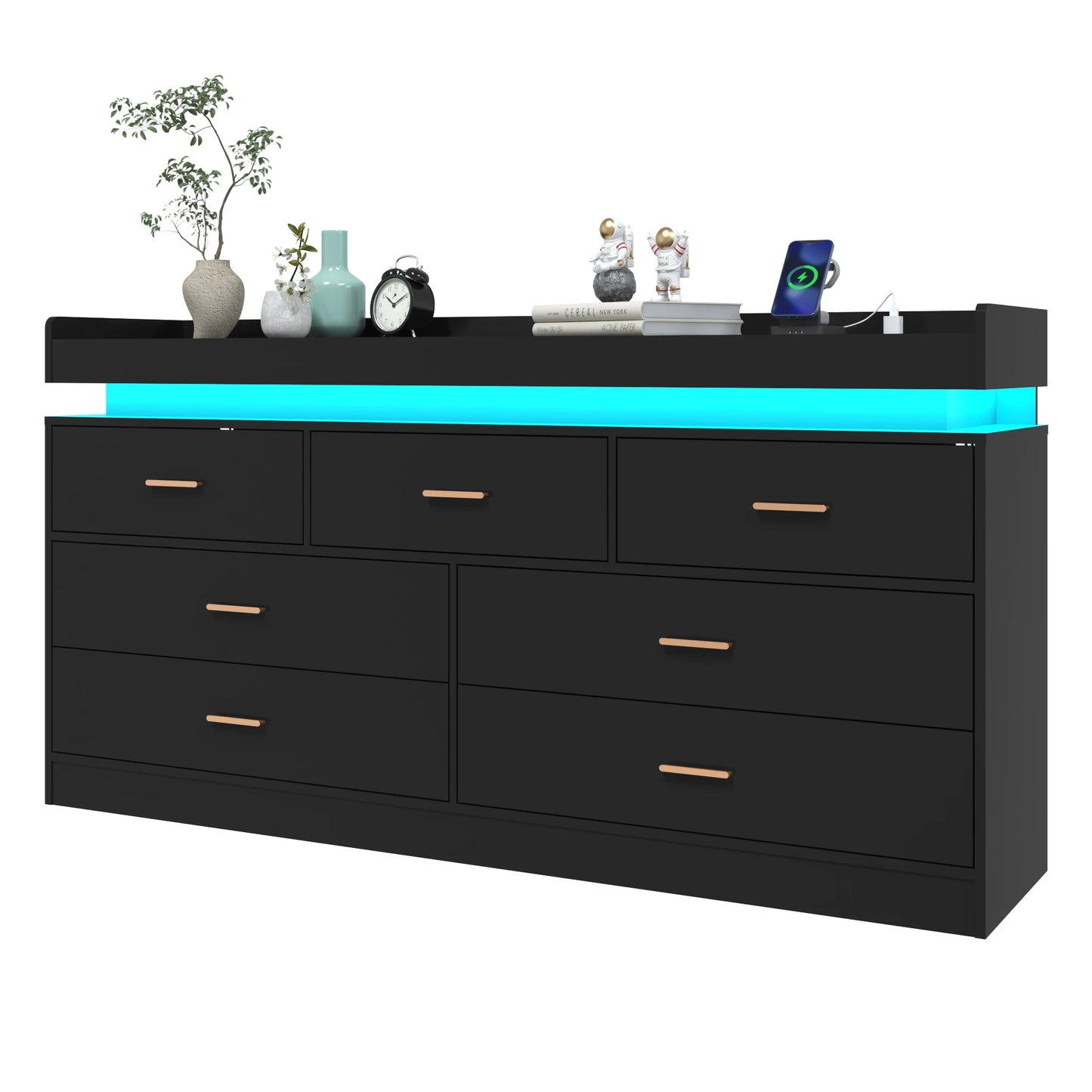 Modern 7 Drawer Dresser with LED Light Charging Station Chest of Drawers