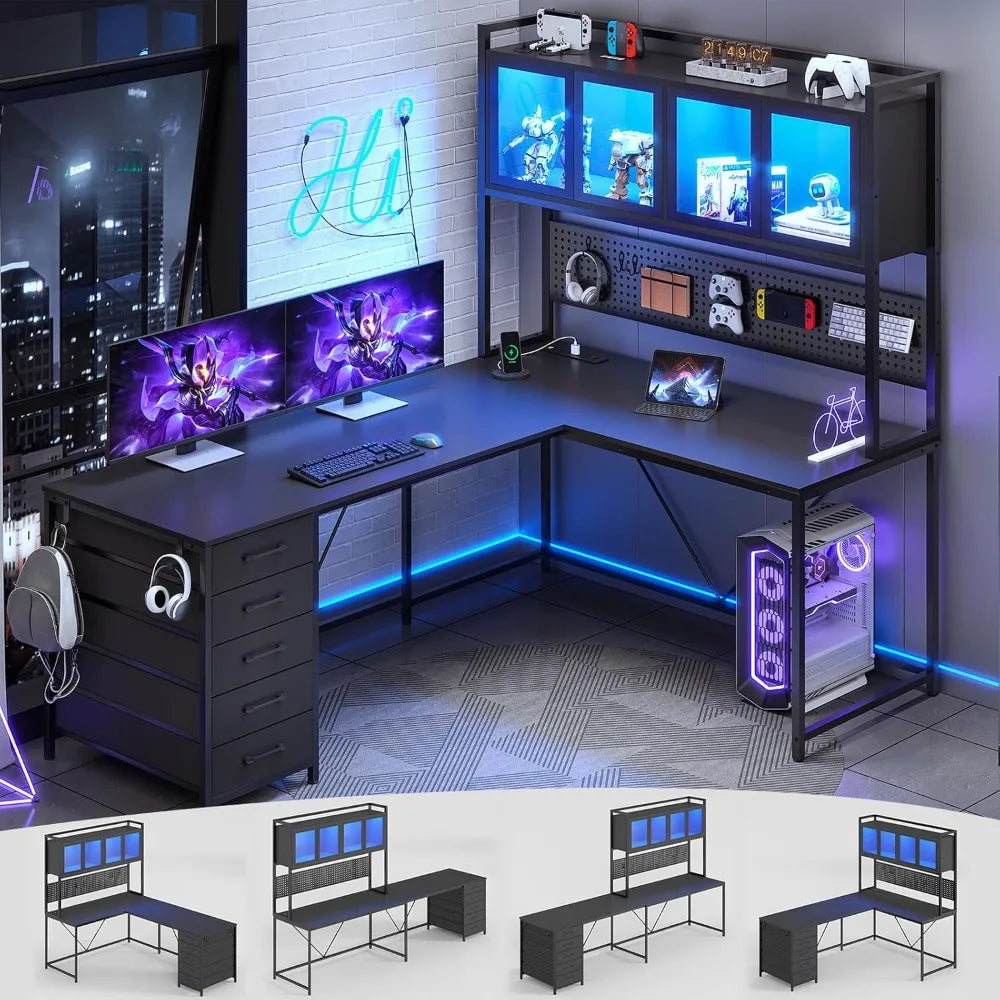 L Shaped Computer Desk with Hutch Storage Shelves LED Lights Power Outlet