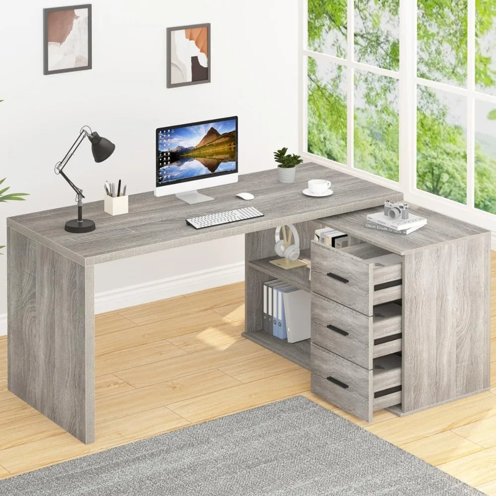 360 Degree Rotating L Shaped Computer Desk with Drawers and Shelves