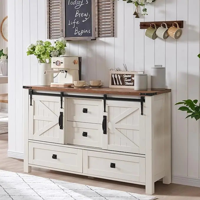 Farmhouse Buffet Cabinet with Sliding Barn Doors and Storage Drawers