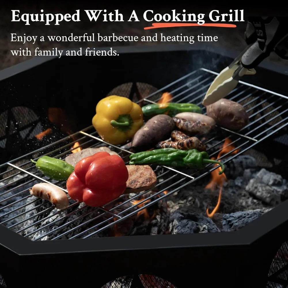 Ljustra 35 Inch Octagonal Fire Pit with Grill Outdoor Wood Burning