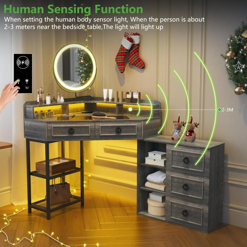 Corner Vanity Desk with LED Mirror and Makeup Organizer Charging Station