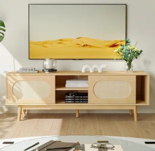 Farmhouse Rattan TV Stand Modern Entertainment Center for 55-65 inch TV