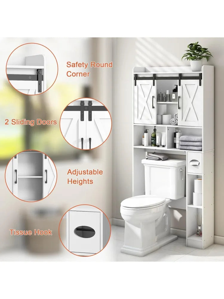 Farmhouse Storage Cabinet Over Toilet with Sliding Doors Space-Saving Rack