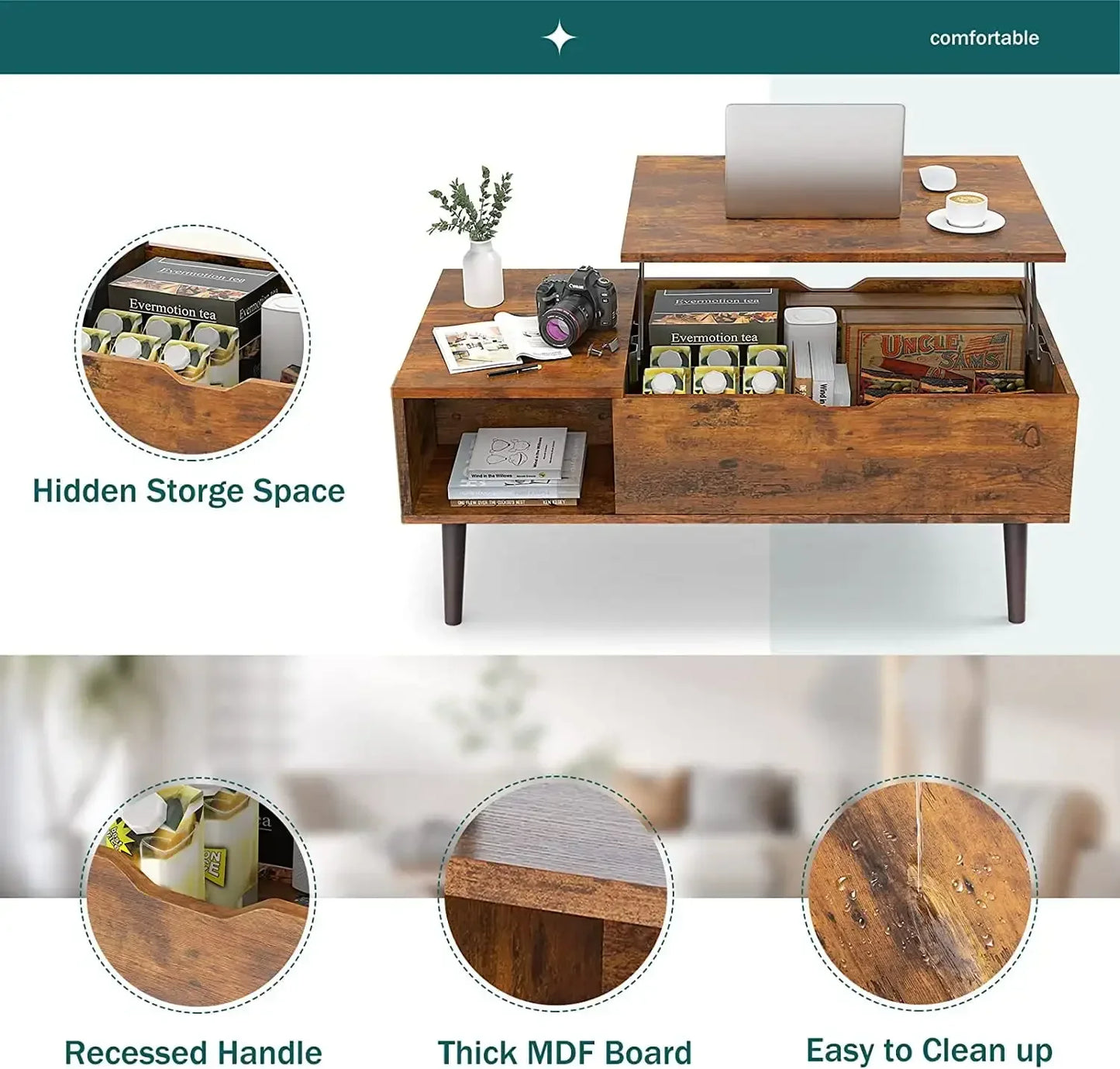 Adjustable Height Wooden Coffee Table with Hidden Storage for Small Spaces