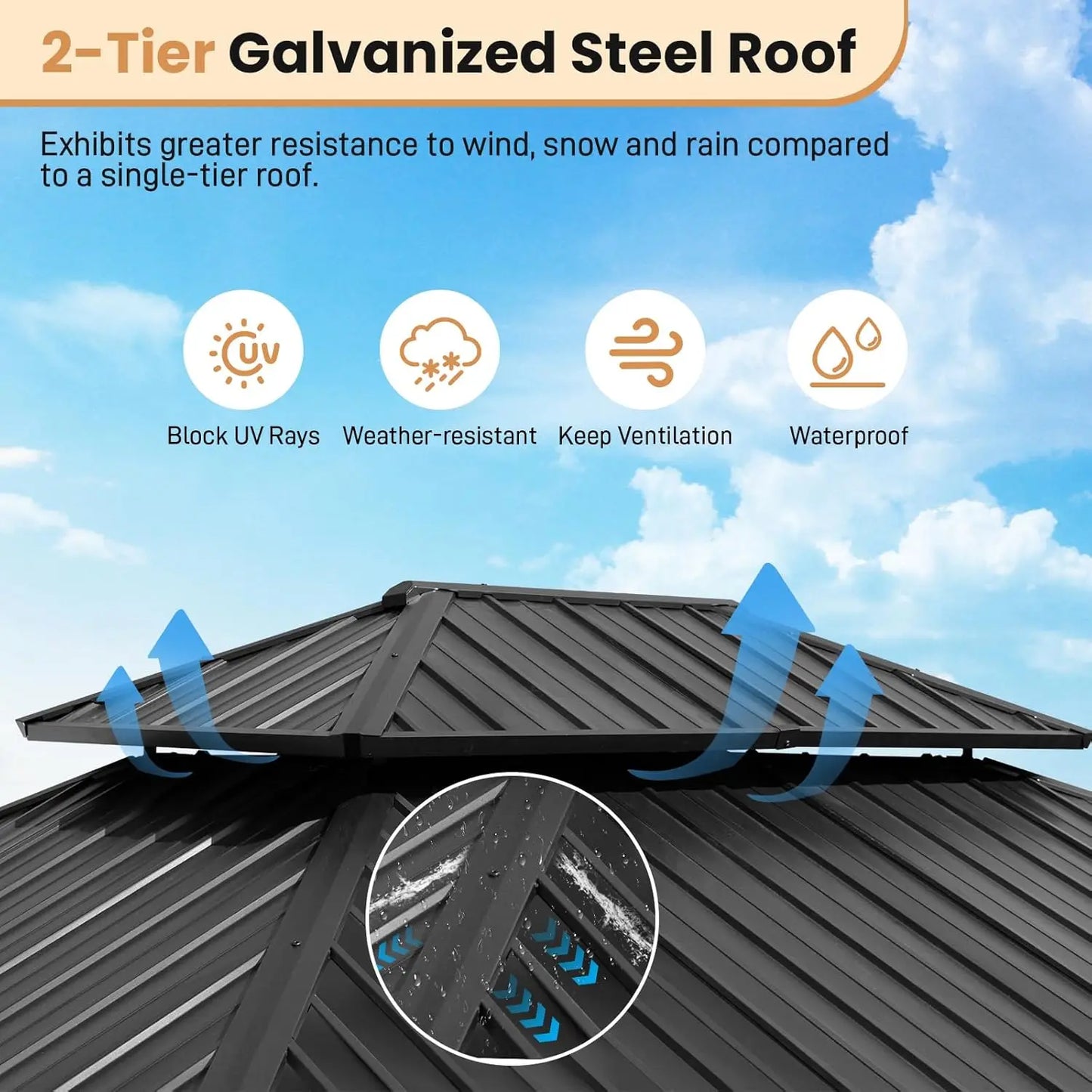 12x14 Ft Wooden Gazebo with Metal Roof and Charging Socket for Patio