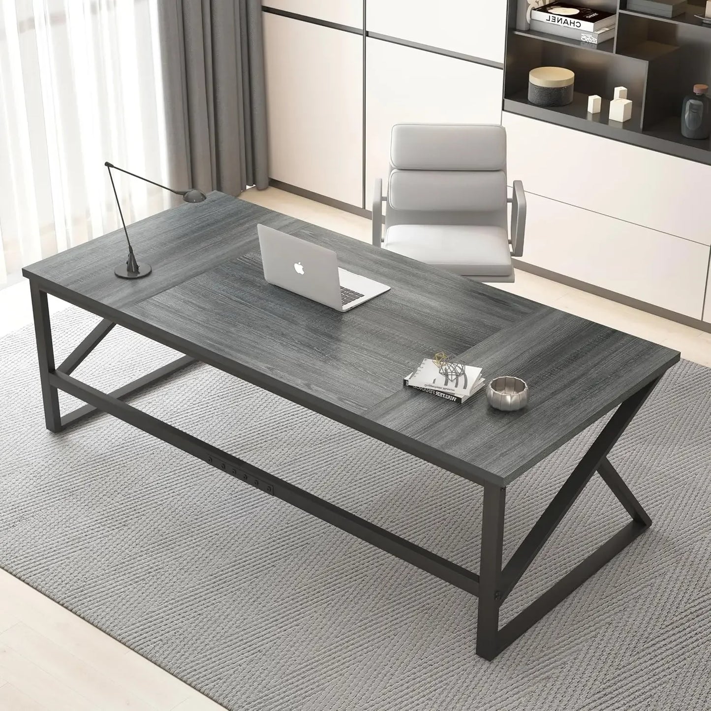Large Metal Wood Computer Desk for 2 Monitors 70 Inch Home Office