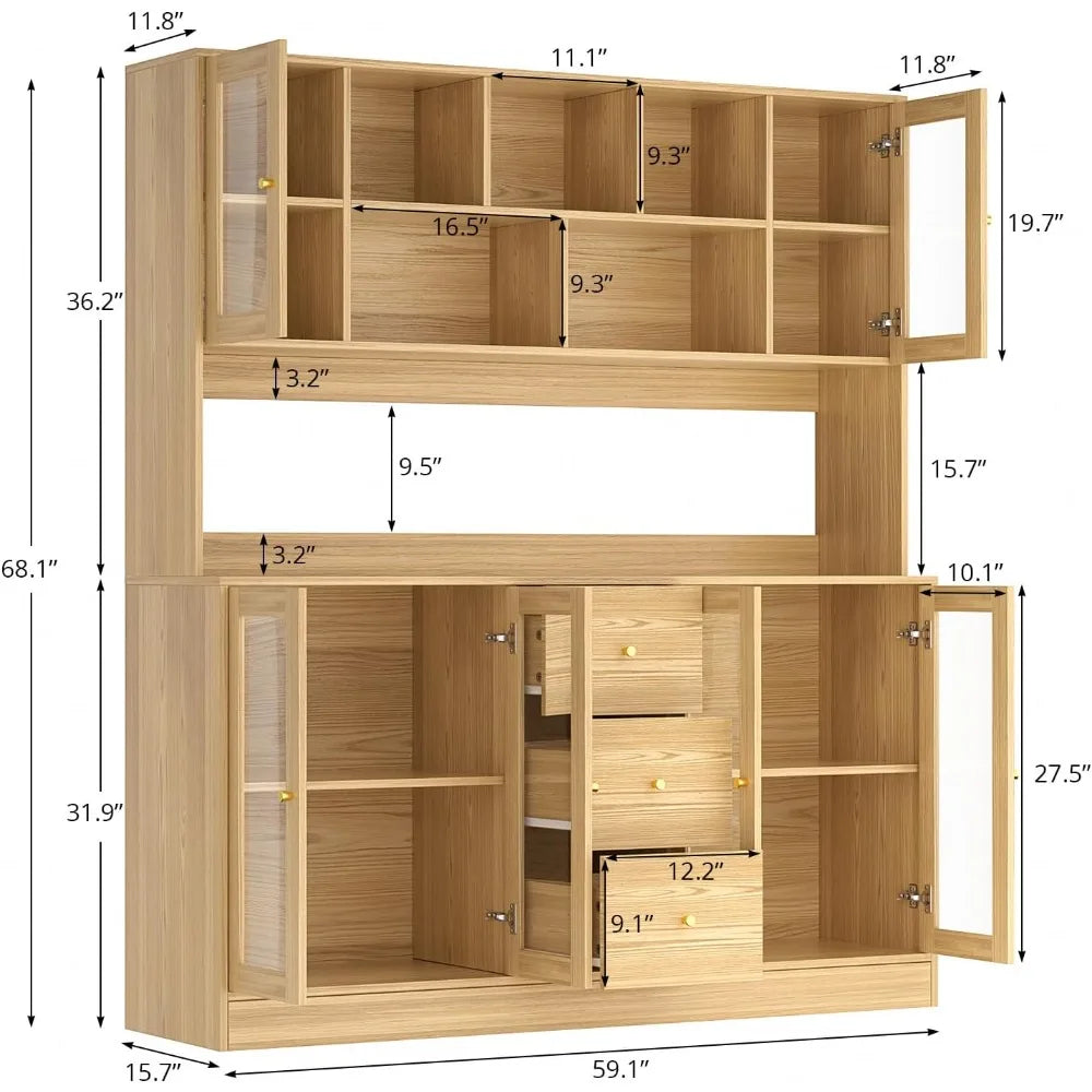 Large Kitchen Hutch Cabinet with Glass Doors and Drawers for Storage