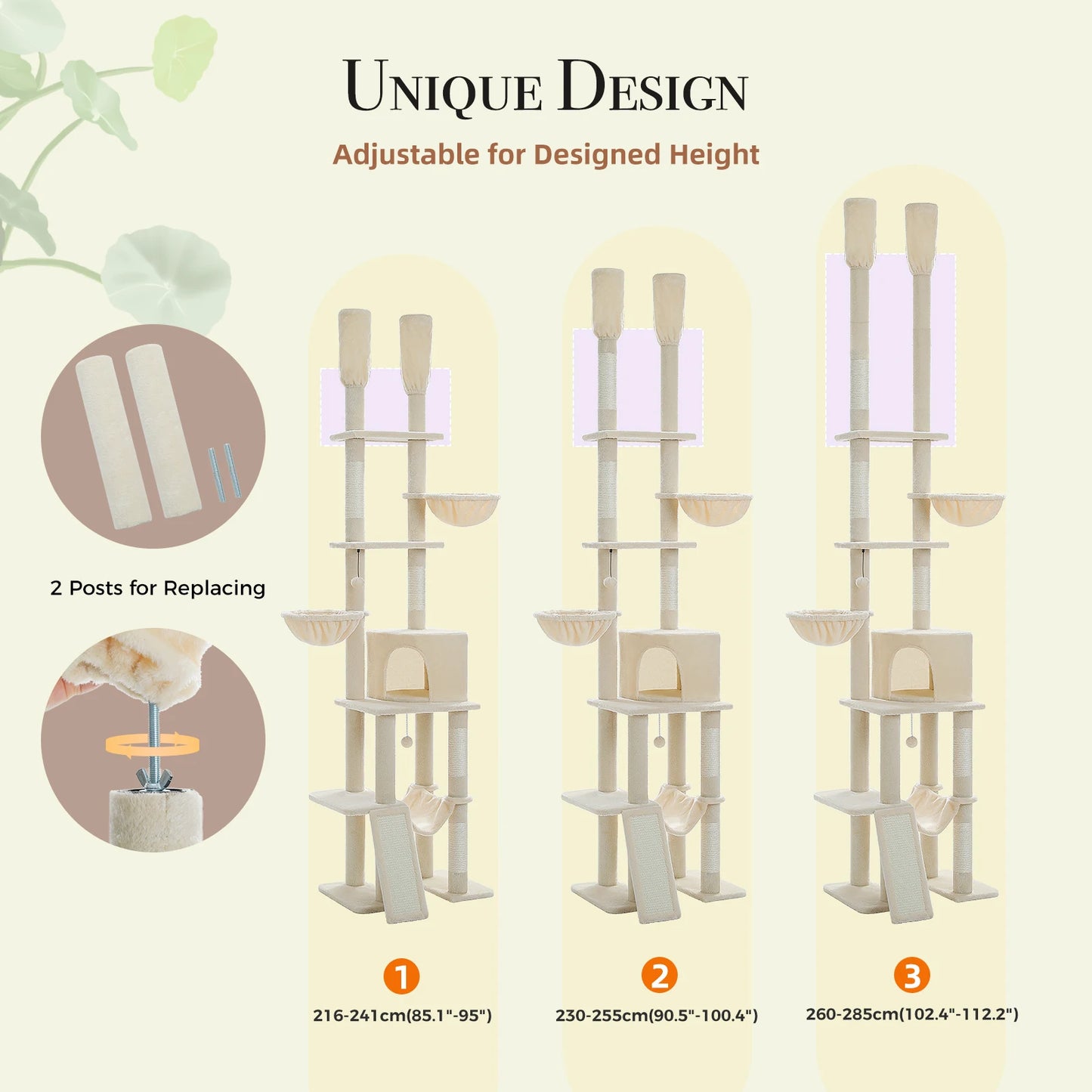 Cactus Cat Tree Floor to Ceiling Cat Tower 7 Tiers with Hammocks and Scratching Posts