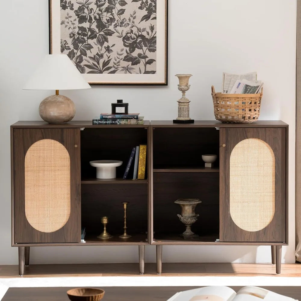 Rattan Storage Cabinet Set of 2 Modern Buffet Sideboard Kitchen Living Room