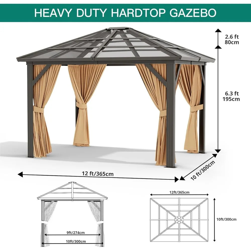 Aluminum Framed Outdoor Pavilion Gazebo with Curtains and Netting 10x12